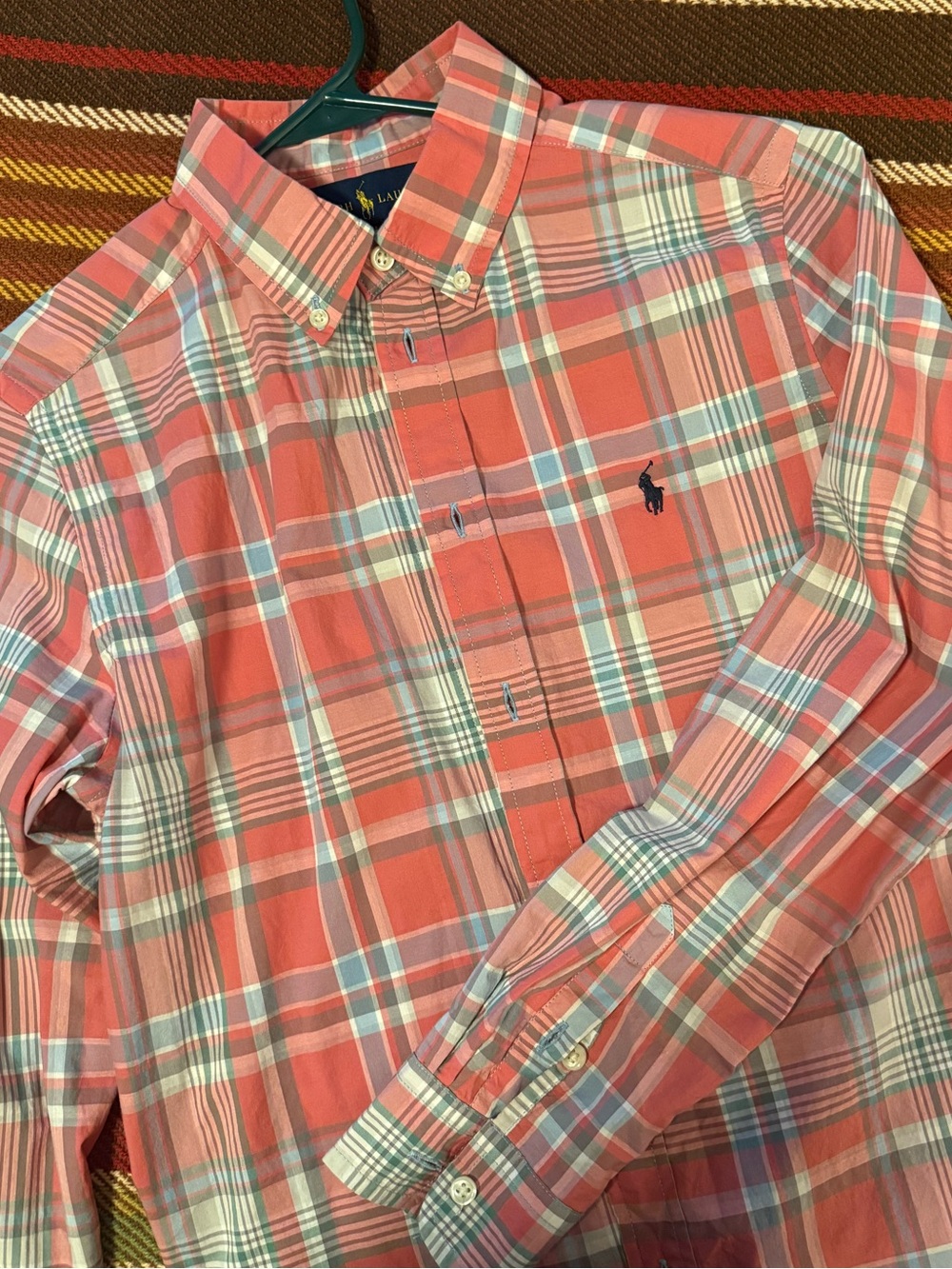 Ralph Lauren Coral Plaid Button-Down Shirt with Blue Accent